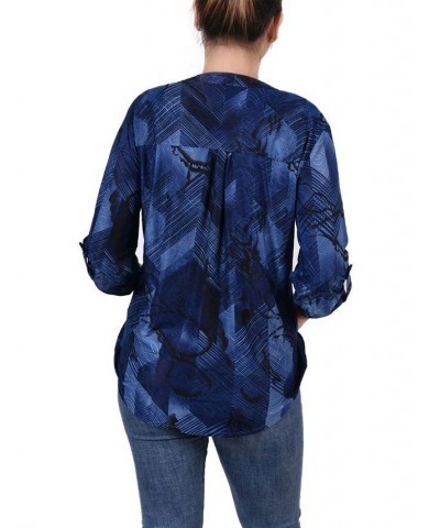 Petite 3/4 Roll Tab Sleeve Printed Pintuck Top Navy Chervon $14.40 Tops