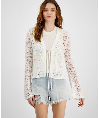 Juniors' Open-Knit Tie-Front Cardigan Sweater White $11.20 Sweaters