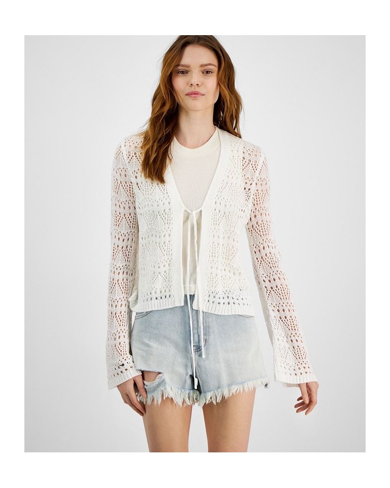 Juniors' Open-Knit Tie-Front Cardigan Sweater White $11.20 Sweaters