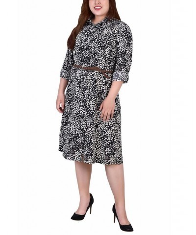 Plus Size 3/4 Roll Tab Sleeve Shirtdress Black White Square $16.60 Dresses