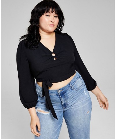 Trendy Plus Size Cropped O-Ring Top Black $15.64 Tops