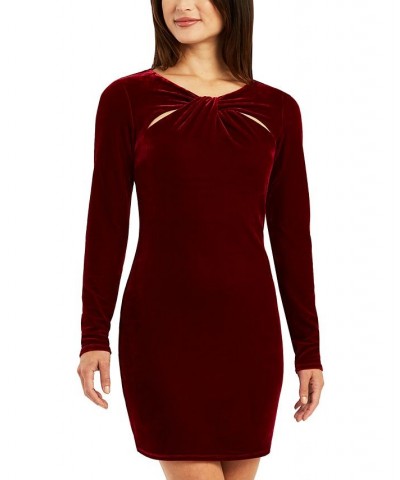 Juniors' Long-Sleeve Cutout Bodycon Velvet Dress Red $18.44 Dresses