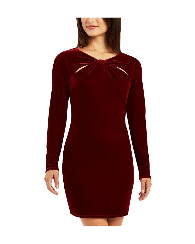 Juniors' Long-Sleeve Cutout Bodycon Velvet Dress Red $18.44 Dresses