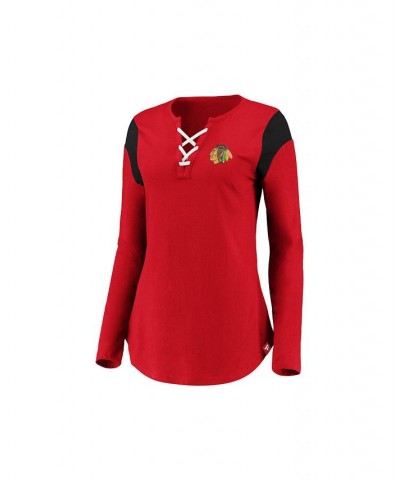 Chicago Blackhawks Women's Iconic Lace Up Long Sleeve Shirt Red/Black $20.00 Tops
