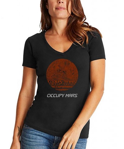 Women's Word Art Occupy Mars V-Neck T-Shirt Black $15.05 Tops
