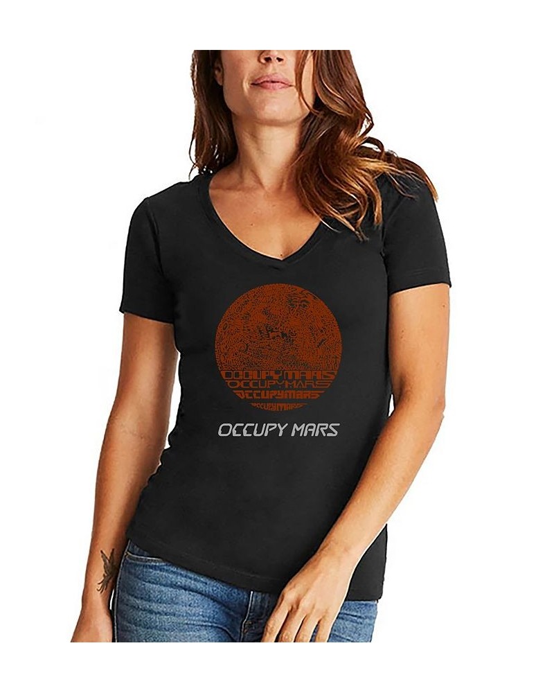 Women's Word Art Occupy Mars V-Neck T-Shirt Black $15.05 Tops