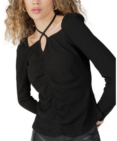 Women's Textured Long-Sleeve Keyhole Halter Top Black $24.75 Tops