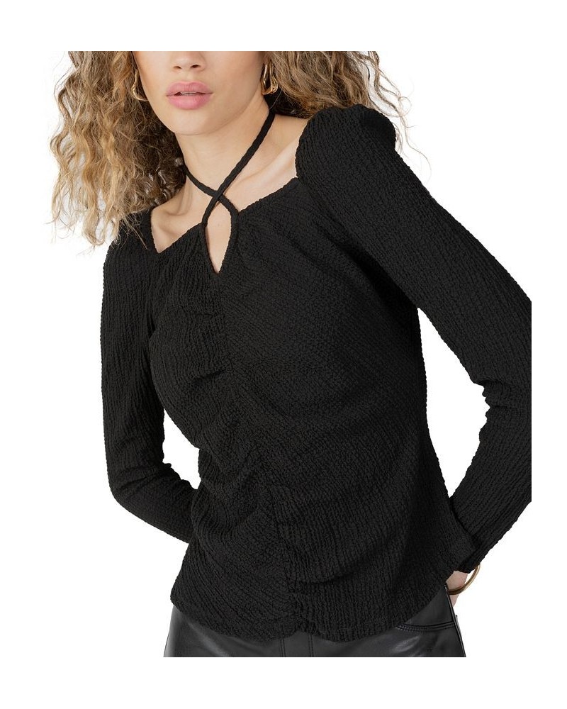 Women's Textured Long-Sleeve Keyhole Halter Top Black $24.75 Tops