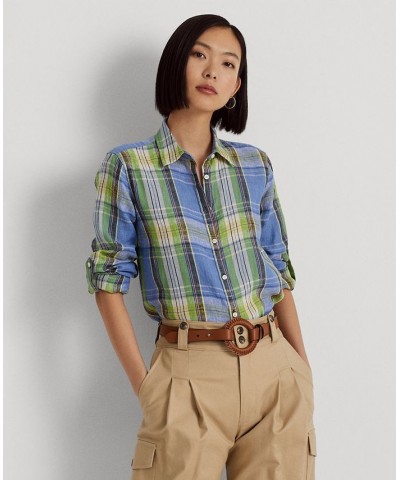 Women's Plaid Linen Shirt Blue Multi $67.50 Tops