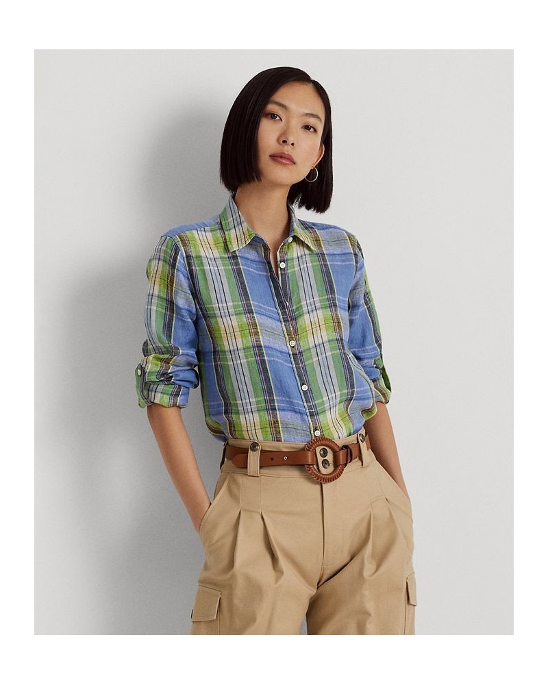 Women's Plaid Linen Shirt Blue Multi $67.50 Tops