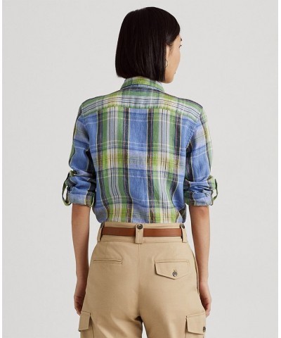 Women's Plaid Linen Shirt Blue Multi $67.50 Tops