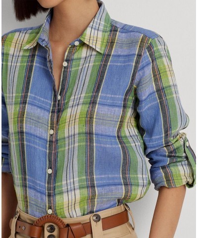 Women's Plaid Linen Shirt Blue Multi $67.50 Tops