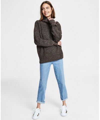 Women's Oversized Ribbed Turtleneck Sweater Black $28.67 Sweaters