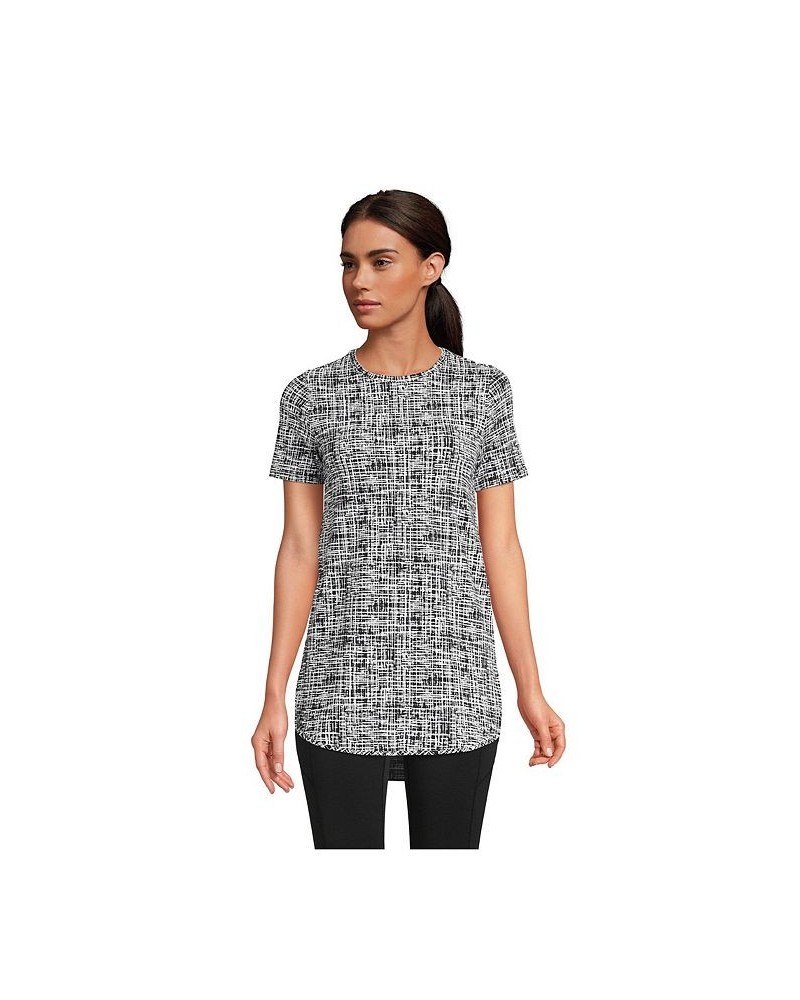 Women's Petite Moisture Wicking UPF Sun Short Sleeve Curved Hem Tunic Top Black etched print $26.48 Tops