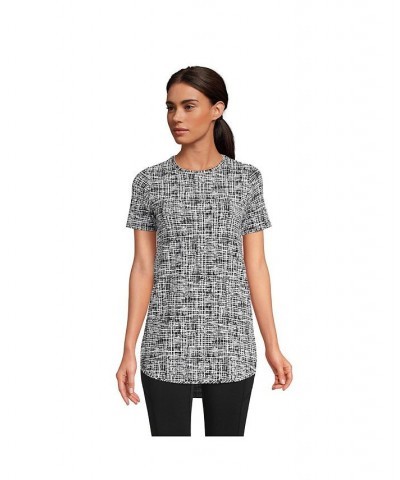 Women's Petite Moisture Wicking UPF Sun Short Sleeve Curved Hem Tunic Top Black etched print $26.48 Tops