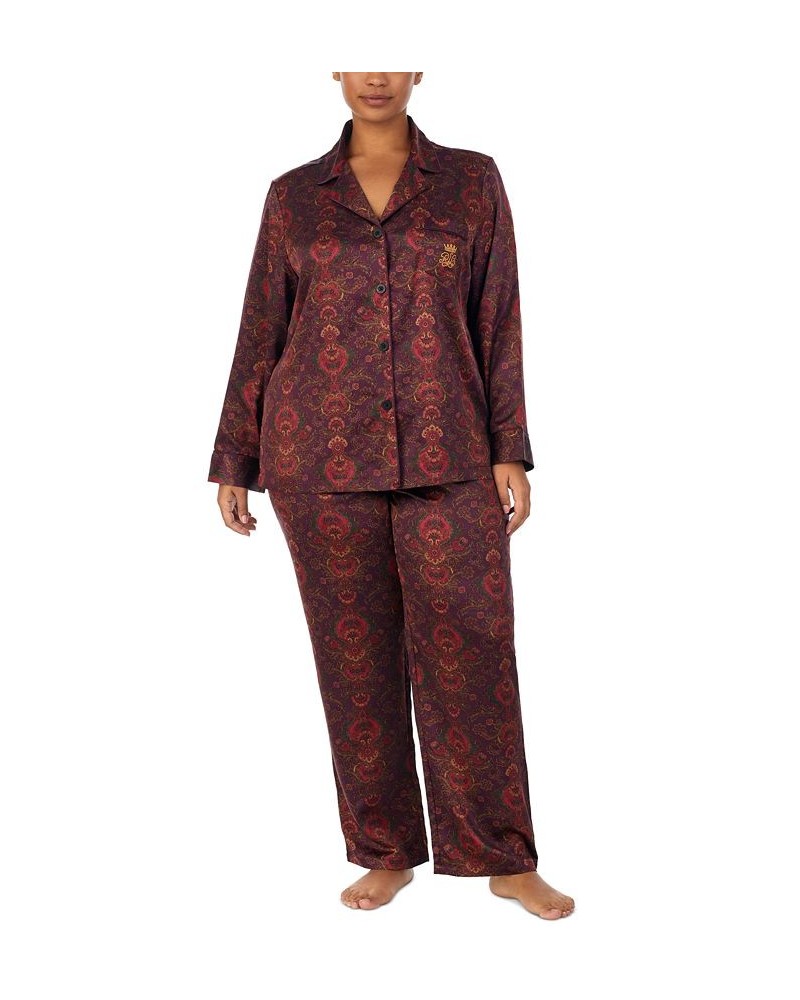 Plus Size Matte Satin Notched-Collar Pajamas Set Red $36.94 Sleepwear