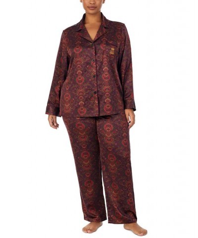 Plus Size Matte Satin Notched-Collar Pajamas Set Red $36.94 Sleepwear