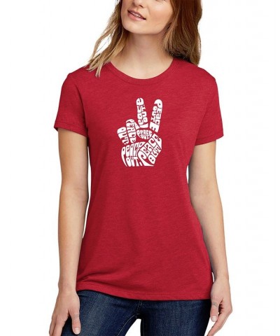 Women's Premium Blend Word Art Peace Out T-shirt Red $19.60 Tops
