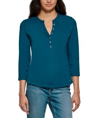 3/4 Sleeve Button Front Henley Blue $20.25 Tops