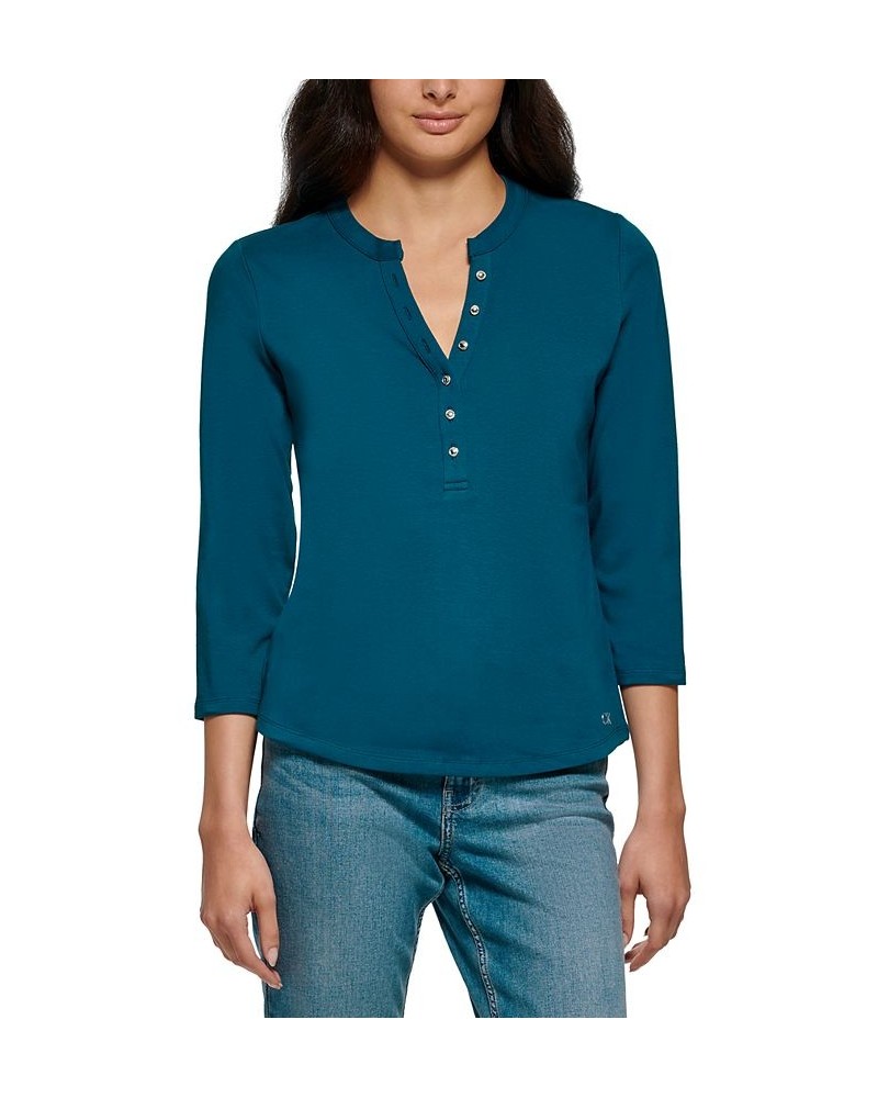 3/4 Sleeve Button Front Henley Blue $20.25 Tops