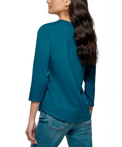 3/4 Sleeve Button Front Henley Blue $20.25 Tops