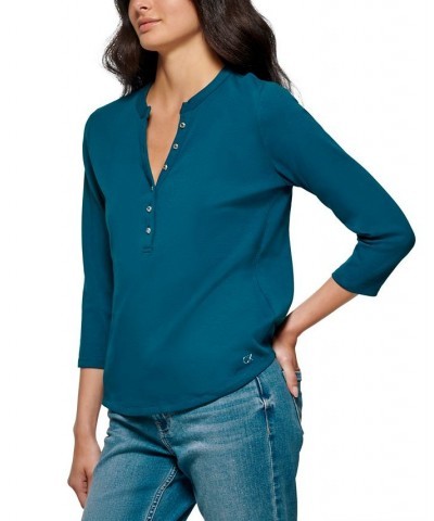 3/4 Sleeve Button Front Henley Blue $20.25 Tops