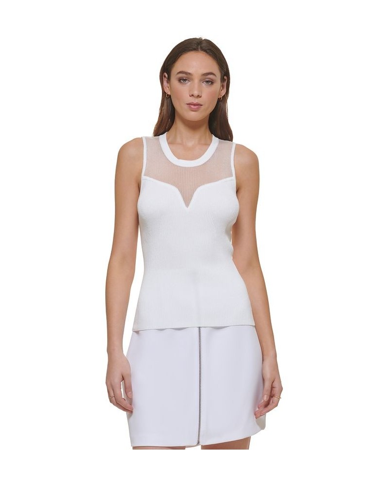 Women's Mesh-Yoke Sleeveless Ribbed Sweater White $47.94 Sweaters