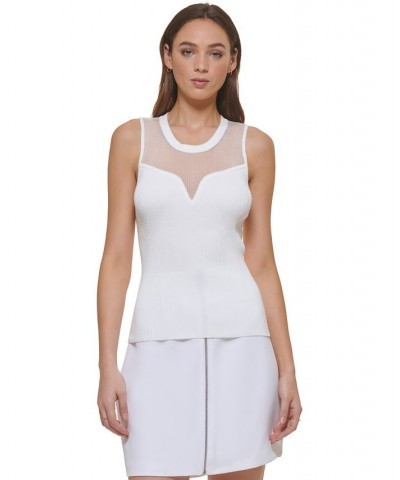 Women's Mesh-Yoke Sleeveless Ribbed Sweater White $47.94 Sweaters