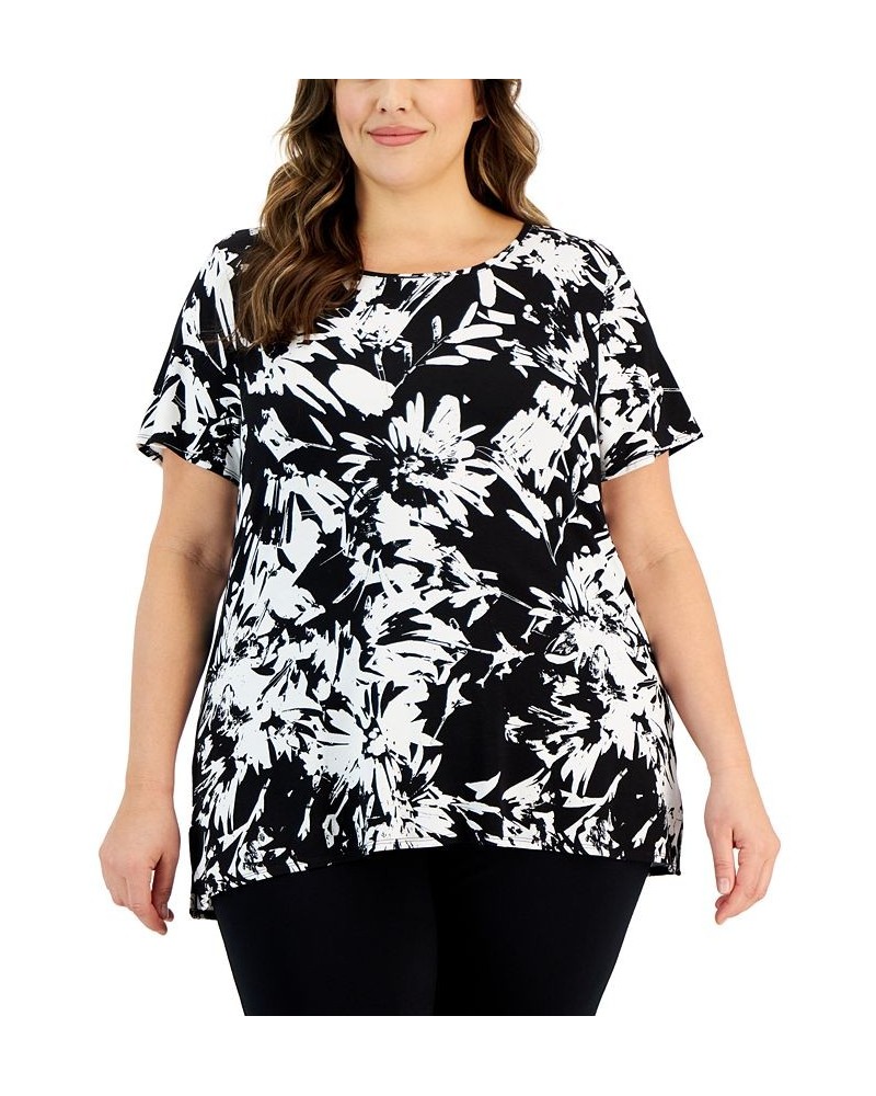 Plus Size Printed Short-Sleeve Side-Slit Top Black $17.55 Tops