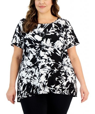 Plus Size Printed Short-Sleeve Side-Slit Top Black $17.55 Tops