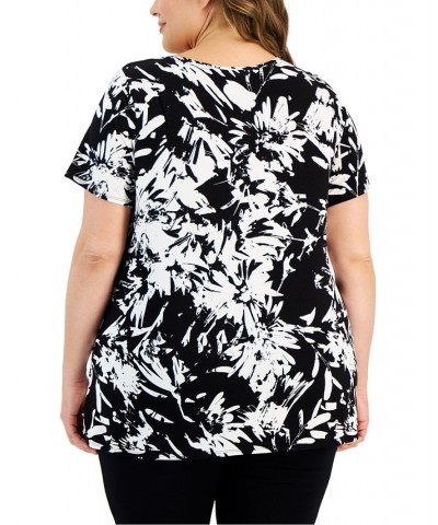 Plus Size Printed Short-Sleeve Side-Slit Top Black $17.55 Tops