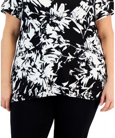 Plus Size Printed Short-Sleeve Side-Slit Top Black $17.55 Tops