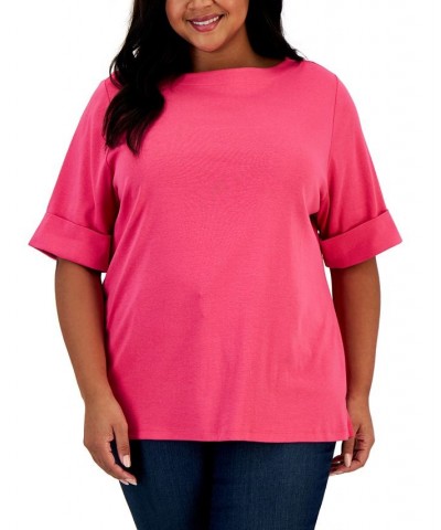 Plus Size Cotton Elbow-Sleeve Top New Red Amore $14.76 Tops