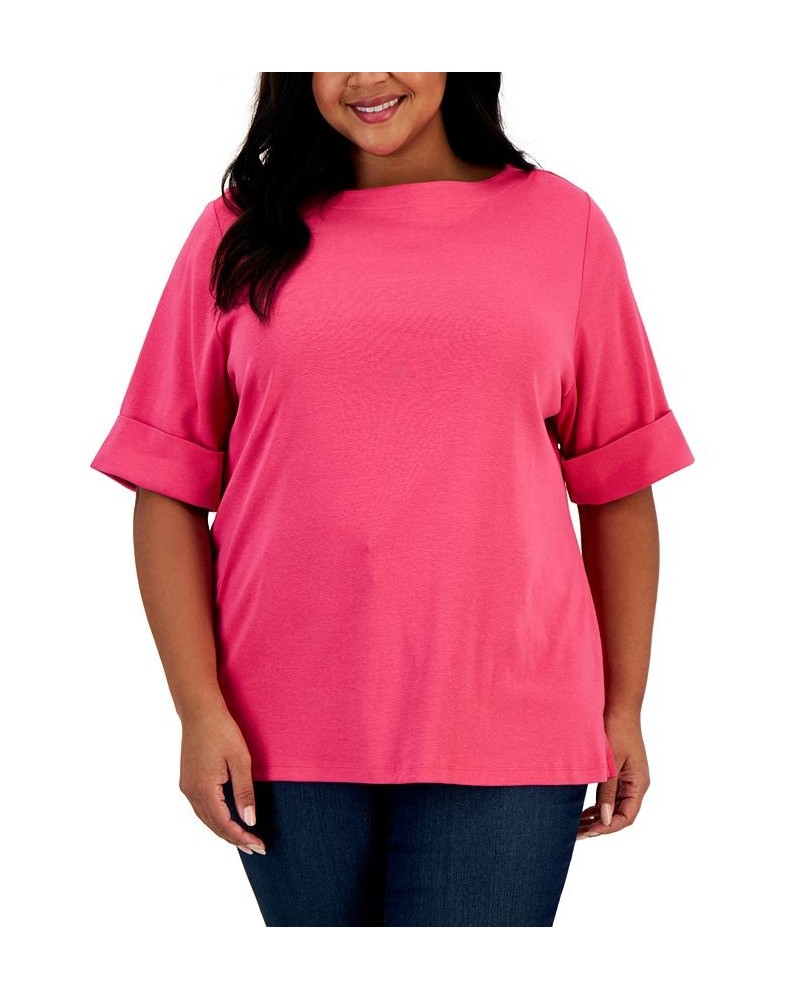 Plus Size Cotton Elbow-Sleeve Top New Red Amore $14.76 Tops