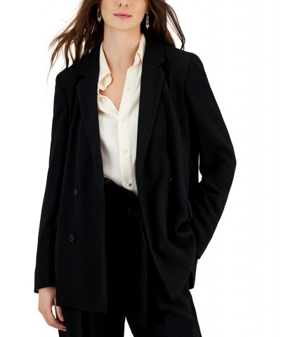 Women's Solid Relaxed-Fit Long-Sleeve Button-Front Blazer Black $126.48 Jackets