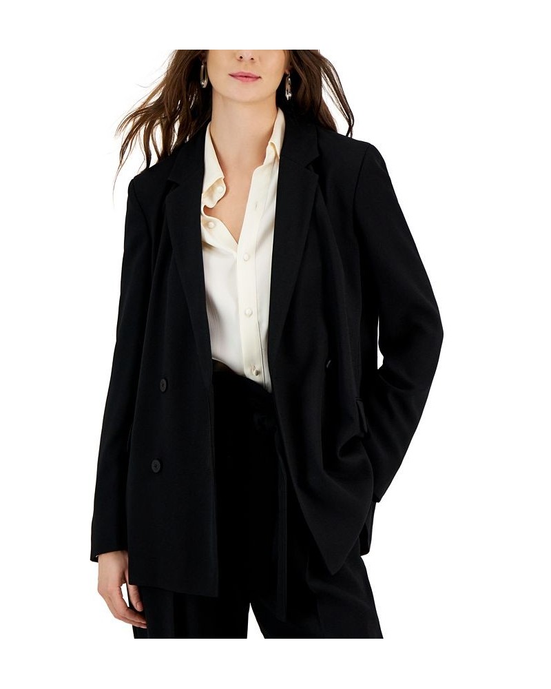 Women's Solid Relaxed-Fit Long-Sleeve Button-Front Blazer Black $126.48 Jackets