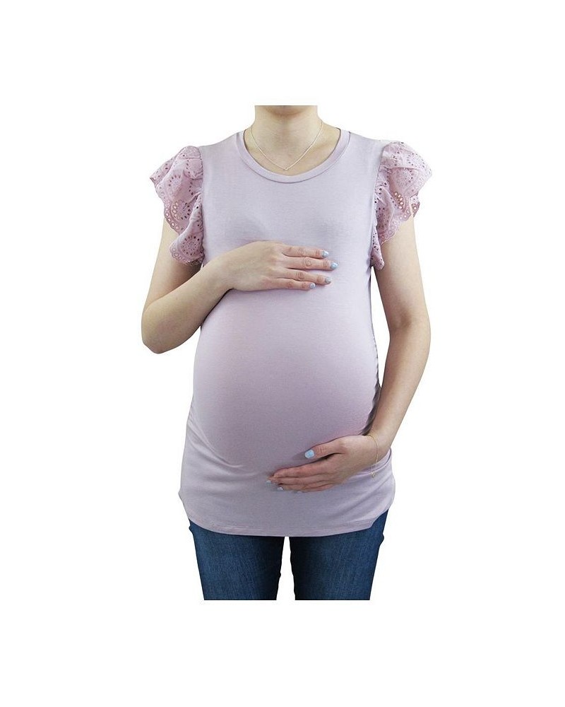 Eyelet Flutter Sleeve Side Cinched Maternity Top Light/Pastel Purple $16.87 Tops