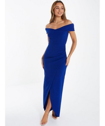Scuba Crepe Ruched Bardot Maxi Dress - Women Royal blue $45.94 Dresses