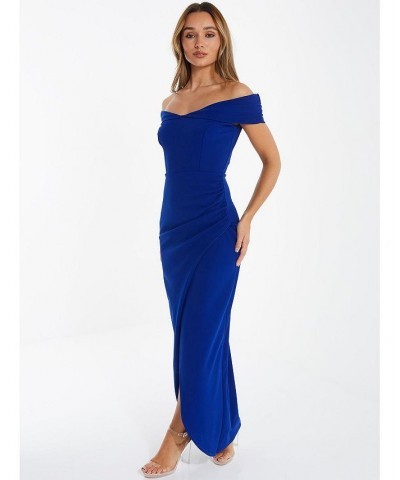 Scuba Crepe Ruched Bardot Maxi Dress - Women Royal blue $45.94 Dresses