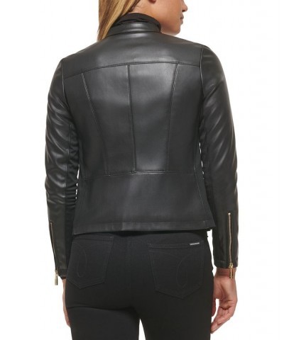 Women's Faux-Leather Zip-Front Moto Jacket Black $34.00 Coats