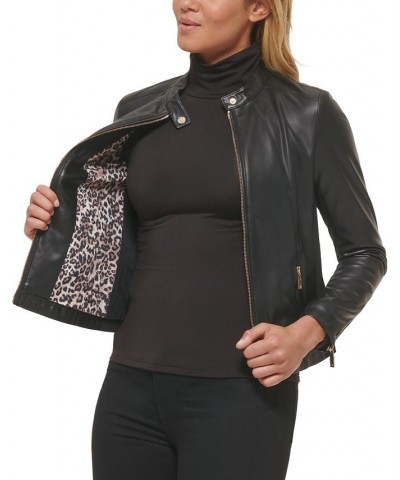 Women's Faux-Leather Zip-Front Moto Jacket Black $34.00 Coats