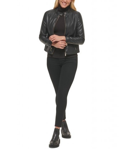 Women's Faux-Leather Zip-Front Moto Jacket Black $34.00 Coats