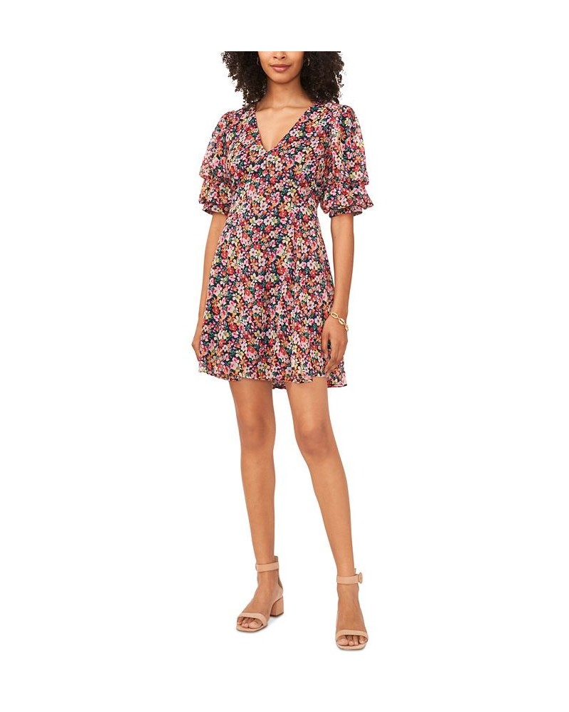 Women's Floral-Print V-Neck Open-Back Puff Sleeve Dress Navy/Pink/Green $46.28 Dresses