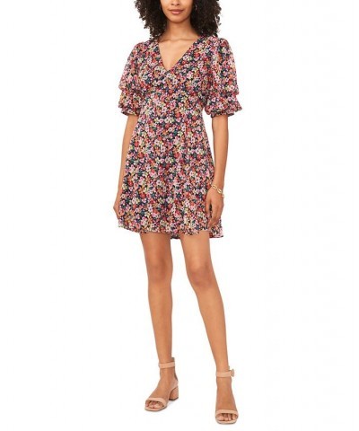 Women's Floral-Print V-Neck Open-Back Puff Sleeve Dress Navy/Pink/Green $46.28 Dresses