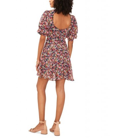 Women's Floral-Print V-Neck Open-Back Puff Sleeve Dress Navy/Pink/Green $46.28 Dresses