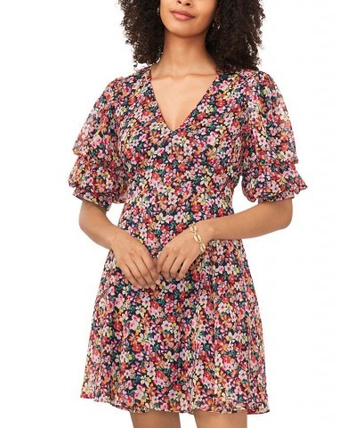 Women's Floral-Print V-Neck Open-Back Puff Sleeve Dress Navy/Pink/Green $46.28 Dresses