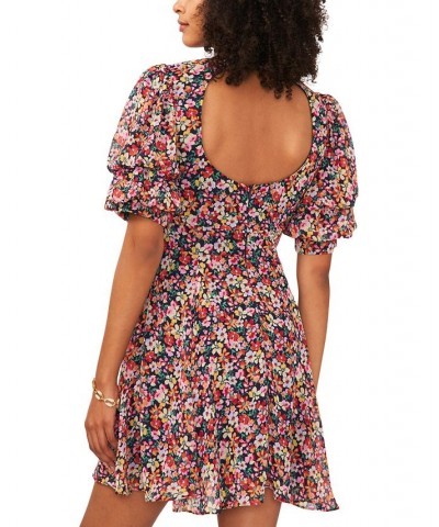 Women's Floral-Print V-Neck Open-Back Puff Sleeve Dress Navy/Pink/Green $46.28 Dresses