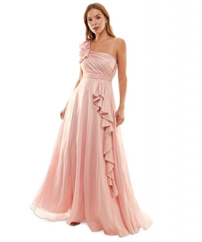 Juniors' Asymmetric Pleated Ruffled Gown Blush/gold $52.39 Dresses
