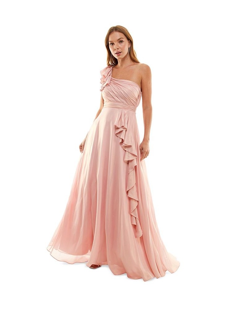 Juniors' Asymmetric Pleated Ruffled Gown Blush/gold $52.39 Dresses