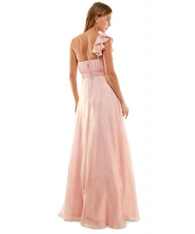 Juniors' Asymmetric Pleated Ruffled Gown Blush/gold $52.39 Dresses